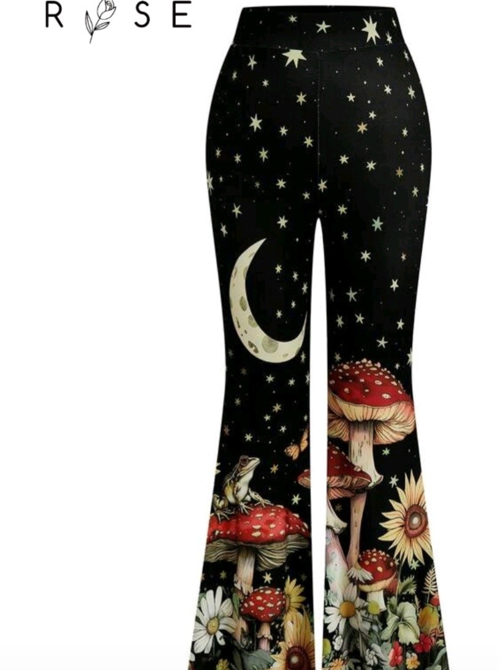 70's Style Black Moon & Mushroom Bell Bottoms